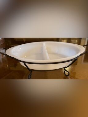 Vintage Mid-Century Glasbake J-239 Divided Casserole Dish with Metal Stand by
